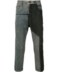 Темно-бирюзовые джинсы в стиле пэчворк