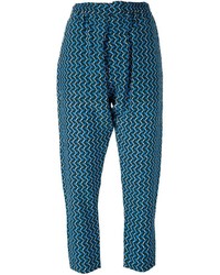 Темно-бирюзовые шелковые брюки с геометрическим рисунком