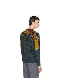 Мужской темно-бирюзовый свитер с круглым вырезом с принтом от Kenzo