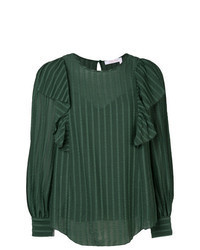 Темно-зеленая блузка с длинным рукавом в вертикальную полоску