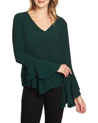 Темно-зеленая блузка с длинным рукавом с рюшами