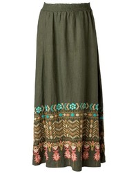 Темно-зеленая длинная юбка с вышивкой