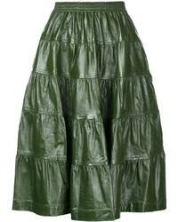 Темно-зеленая кожаная юбка-миди со складками