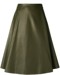 Темно-зеленая кожаная юбка-миди со складками от Drome
