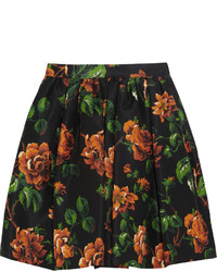 Темно-зеленая короткая юбка-солнце с цветочным принтом