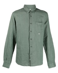 Мужская темно-зеленая льняная рубашка с длинным рукавом от C.P. Company