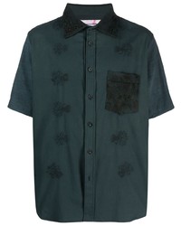 Мужская темно-зеленая льняная рубашка с коротким рукавом с вышивкой от By Walid