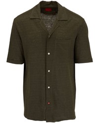 Мужская темно-зеленая льняная рубашка с коротким рукавом от Isaia