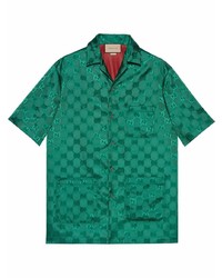 Мужская темно-зеленая рубашка с коротким рукавом с принтом от Gucci