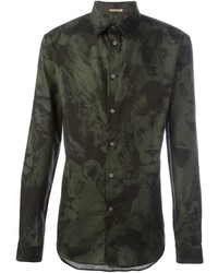 Мужская темно-зеленая рубашка с принтом от Roberto Cavalli