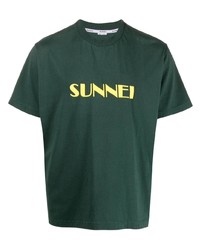 Мужская темно-зеленая футболка с круглым вырезом с вышивкой от Sunnei