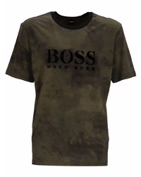 Мужская темно-зеленая футболка с круглым вырезом с камуфляжным принтом от BOSS HUGO BOSS