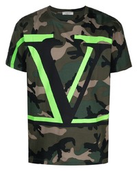 Мужская темно-зеленая футболка с круглым вырезом с камуфляжным принтом от Valentino