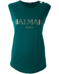 Женская темно-зеленая футболка с круглым вырезом с принтом от Balmain