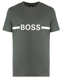 Мужская темно-зеленая футболка с круглым вырезом с принтом от BOSS