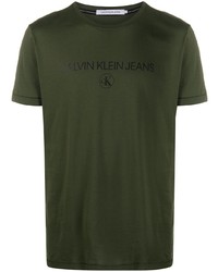 Мужская темно-зеленая футболка с круглым вырезом с принтом от Calvin Klein Jeans