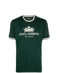 Мужская темно-зеленая футболка с круглым вырезом с принтом от Dolce & Gabbana