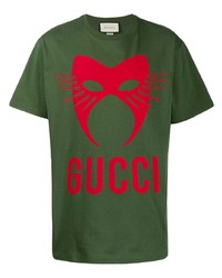 Мужская темно-зеленая футболка с круглым вырезом с принтом от Gucci