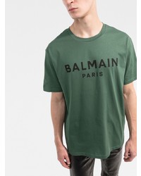 Мужская темно-зеленая футболка с круглым вырезом с принтом от Balmain