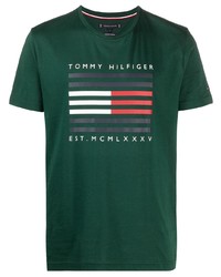 Мужская темно-зеленая футболка с круглым вырезом с принтом от Tommy Hilfiger