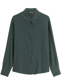 Темно-зеленая шелковая блузка с рюшами