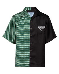 Мужская темно-зеленая шелковая рубашка с коротким рукавом с принтом от Prada