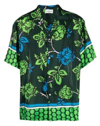Темно-зеленая шелковая рубашка с коротким рукавом с цветочным принтом