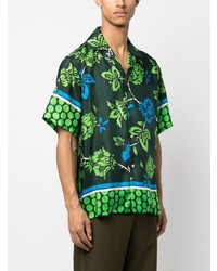 Мужская темно-зеленая шелковая рубашка с коротким рукавом с цветочным принтом от P.A.R.O.S.H.