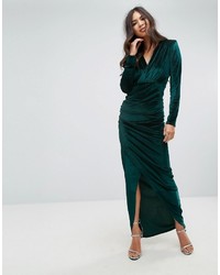 Темно-зеленое бархатное платье-макси с разрезом