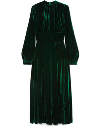 Темно-зеленое шелковое платье-миди со складками