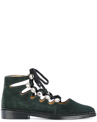 Темно-зеленые замшевые туфли на шнуровке с украшением