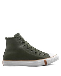 Мужские темно-зеленые кожаные высокие кеды от Converse