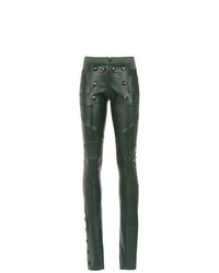 Темно-зеленые кожаные узкие брюки