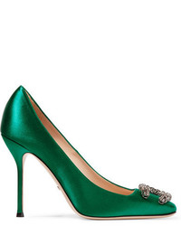 Темно-зеленые сатиновые туфли с украшением