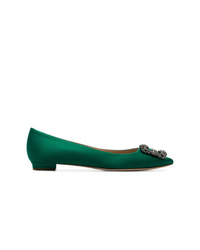 Темно-зеленые сатиновые туфли с украшением от Manolo Blahnik