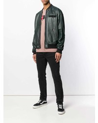 Мужской темно-зеленый кожаный бомбер от Diesel