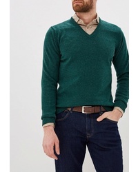 Мужской темно-зеленый свитер с v-образным вырезом от Hackett London