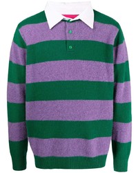 Мужской темно-зеленый свитер с воротником поло в горизонтальную полоску от The Elder Statesman