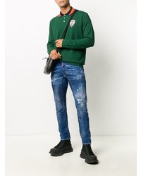 Мужской темно-зеленый свитер с воротником поло с вышивкой от DSQUARED2