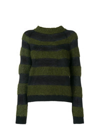 Темно-зеленый свитер с круглым вырезом в горизонтальную полоску