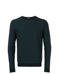 Темно-зеленый свитер с круглым вырезом с геометрическим рисунком