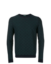 Мужской темно-зеленый свитер с круглым вырезом с геометрическим рисунком от Zanone