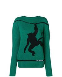 Женский темно-зеленый свитер с круглым вырезом с принтом от Prada