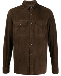 Темно-коричневая замшевая рубашка с длинным рукавом