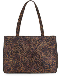 Темно-коричневая кожаная большая сумка с леопардовым принтом