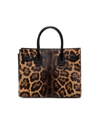 Темно-коричневая кожаная большая сумка с леопардовым принтом от Saint Laurent