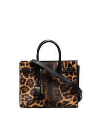 Темно-коричневая кожаная большая сумка с леопардовым принтом от Saint Laurent