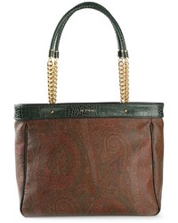 Темно-коричневая кожаная большая сумка с принтом от Etro