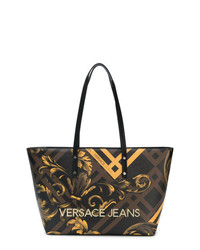 Темно-коричневая кожаная большая сумка с принтом от Versace Jeans