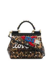 Темно-коричневая кожаная сумка через плечо с леопардовым принтом от Dolce & Gabbana